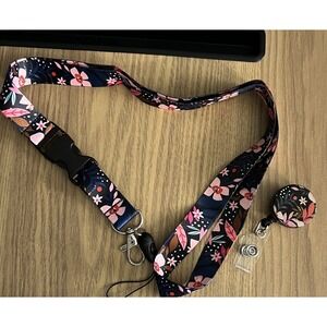Retractable Badge Holders‎ with Detachable Lanyard, Flowers Pink Blue
